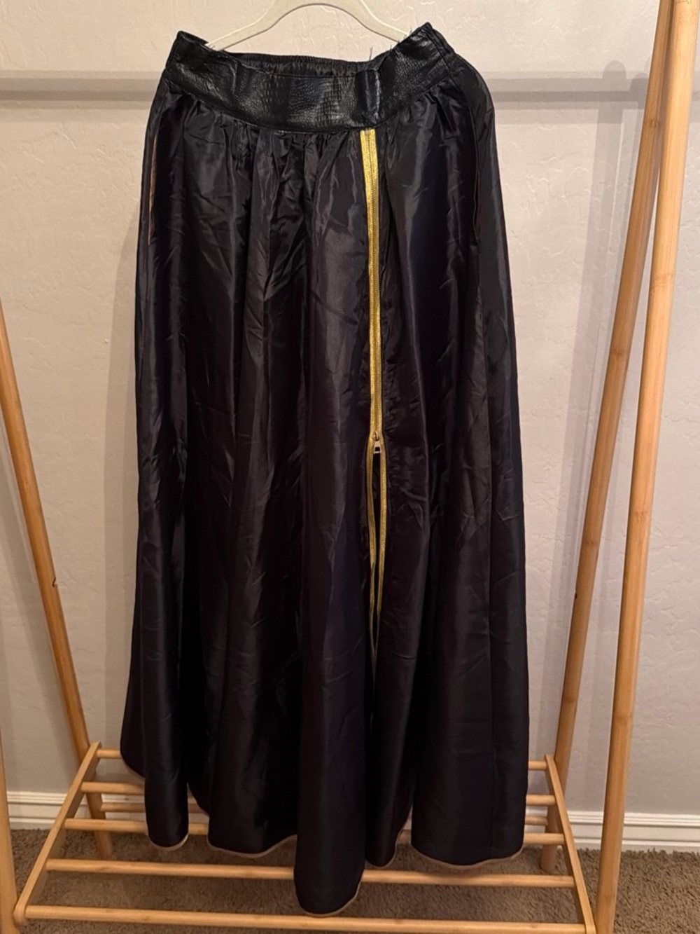 Black A-Line Maxi Skirt with Gold Zip Accent